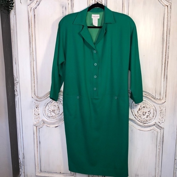VINTAGE Stanley Sherman Beautiful Green Raglan Sleeve Button Front Dress Size 12 - Picture 1 of 11
